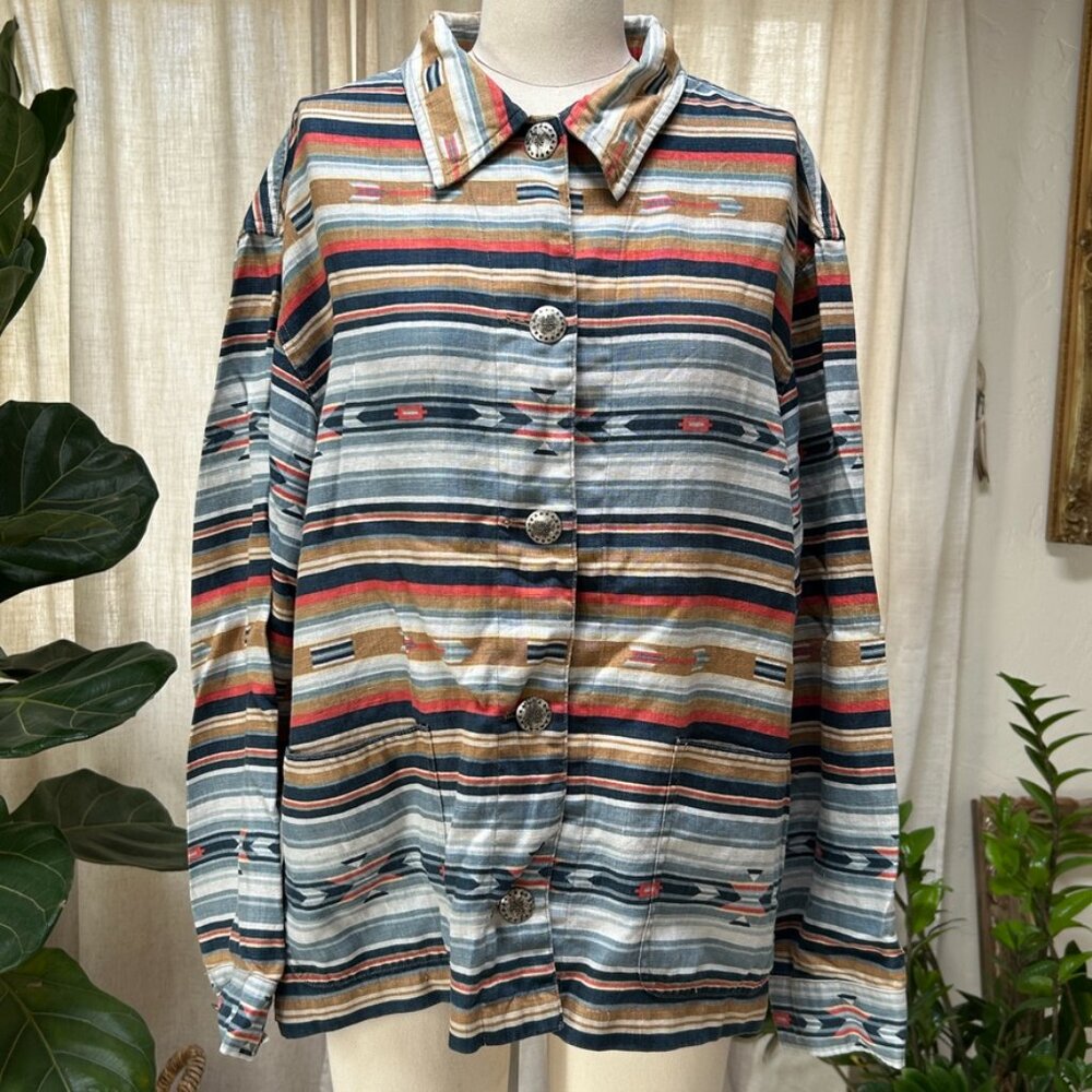 Southwestern 100% Linen Aztec Striped Shirt w/‎ Silver Buttons, Oversized XL